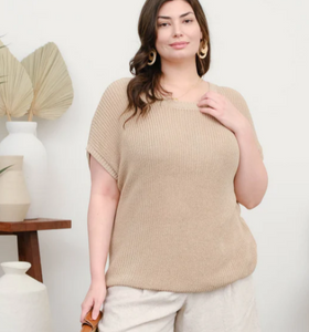 Short Sleeved Knit Sweater Top in Tan - Plus