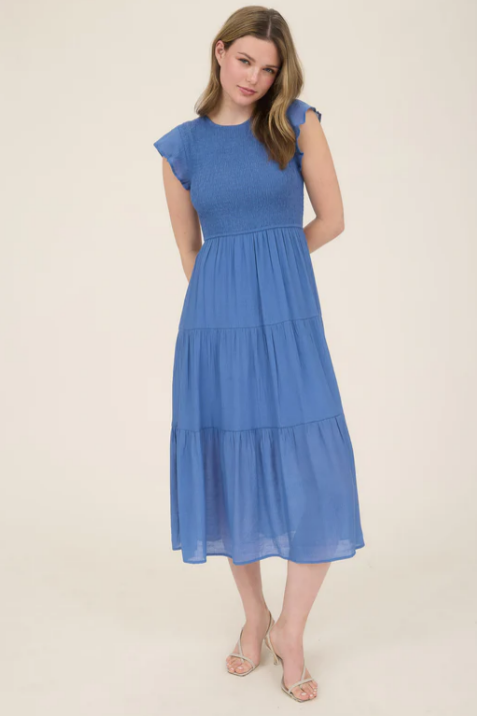 Dusty Royal Blue Smocked Top Tiered Midi Dress