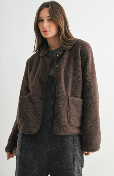 Frostline Button Front Sherpa Jacket in Cocoa