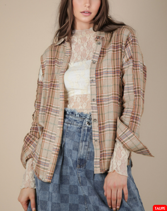 Tan Mix Plaid Long Sleeve Button Front Top in Plus