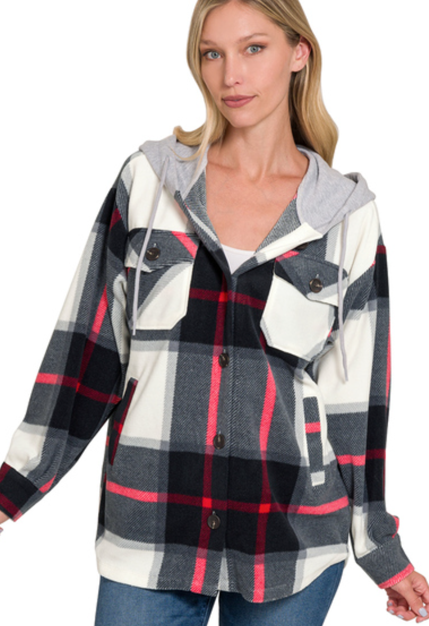 Hooded Red + Black Plaid Shacket