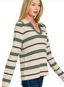 Boho Striped Collared Sweater in Ash Jade