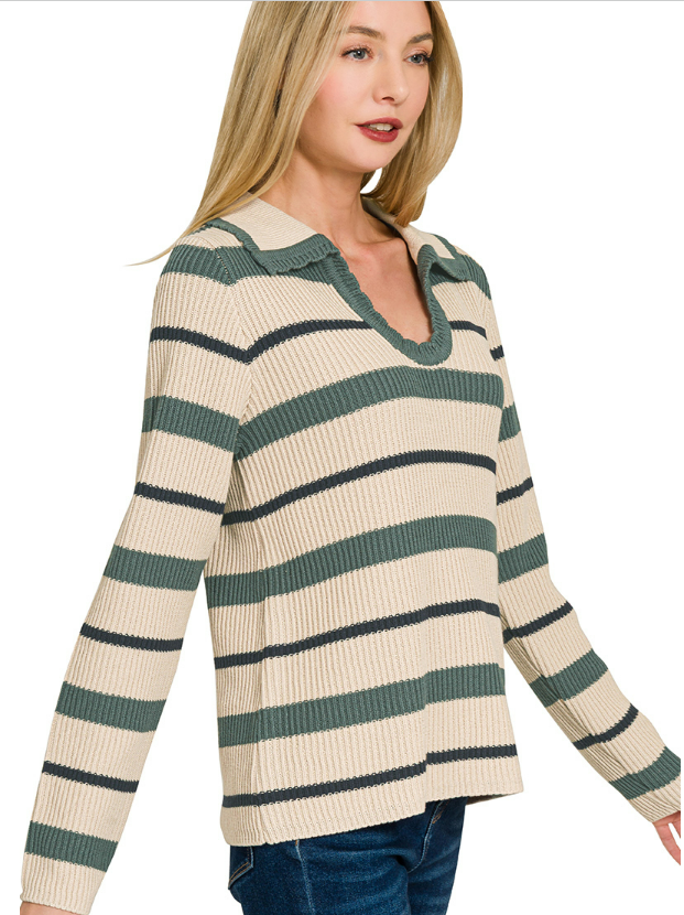 Boho Striped Collared Sweater in Ash Jade