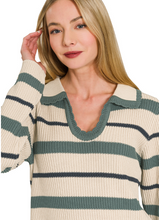 Load image into Gallery viewer, Boho Striped Collared Sweater in Ash Jade
