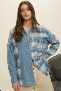 Blue Mixed Plaid Long Sleeve Button Front Top