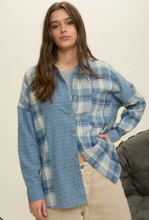 Blue Mixed Plaid Long Sleeve Button Front Top