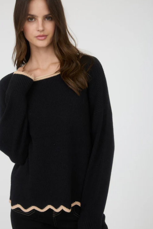 Black Scalloped Sweater in Black + Khaki