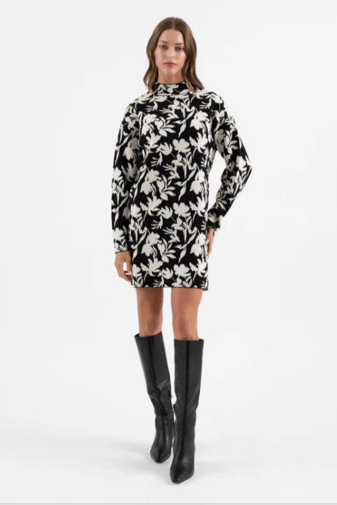 Floral Mock Neck Sweater Dress in Black + Ivory