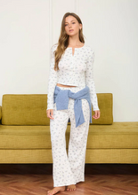 Load image into Gallery viewer, Blue + Ivory Floral Pointelle Knit Lounge Separates - Straight Pant + Cardigan Top
