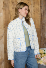 Load image into Gallery viewer, Ivory + Blue Floral Quilted button Front Jacket
