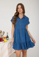Load image into Gallery viewer, Button Front Chambray Mini Dress - Reg + Plus
