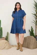 Load image into Gallery viewer, Button Front Chambray Mini Dress - Reg + Plus
