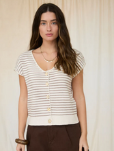 Load image into Gallery viewer, Ivory + Brown Striped Sleeveless Cardigan Sweater + Brown Long Sleeve Lace Undershirt - Perfectly Paired Separates
