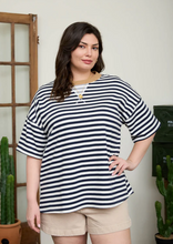 Load image into Gallery viewer, Striped Colorblock Boxy Tee in Navy + Tan - Plus + Regular
