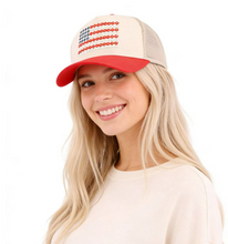 Load image into Gallery viewer, Red, White, + Blue Embroidered Floral Flag Trucker Hat
