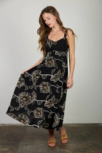 Load image into Gallery viewer, Floral Embroidered Midi Dress in Black with Brown + Ivory
