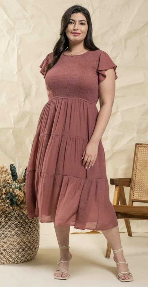 Dusty Mauve Smocked Top Tiered Midi Dress - Plus