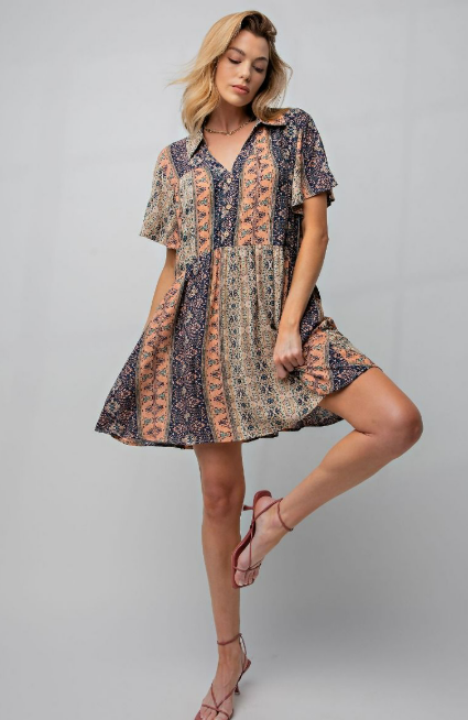 Navy + Coral Collared Patchwork Mini Dress - Plus