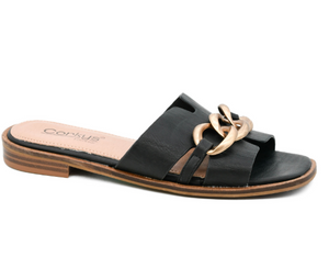 Corkys Off the Chain Black Faux Leather Slide Sandal