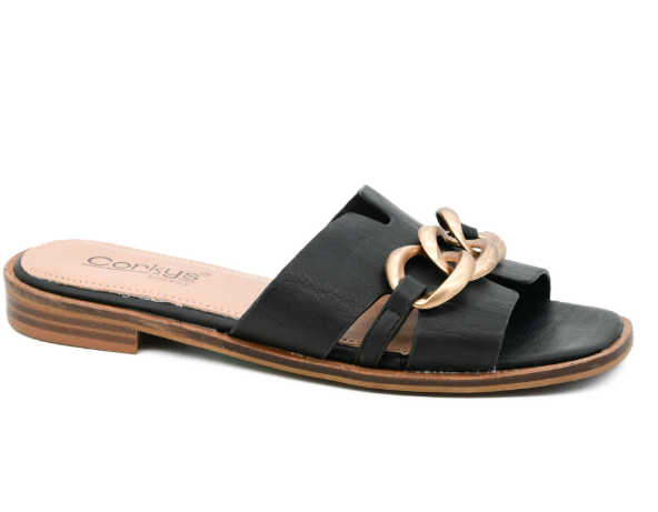 Corkys Off the Chain Black Faux Leather Slide Sandal