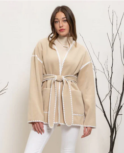 Contrast Hem Belted Cardigan in Ivory + Camel