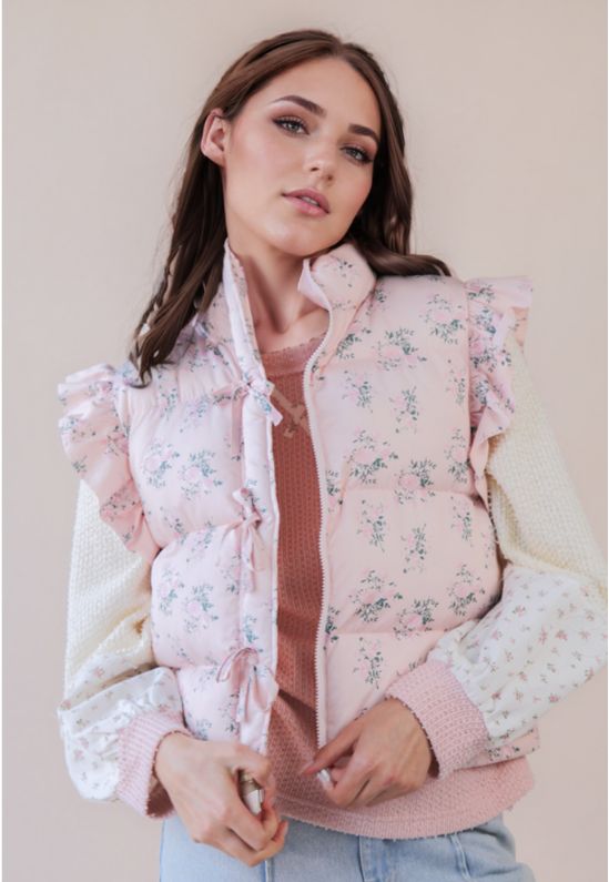 Pink Floral Puffer Vest with Bow detail