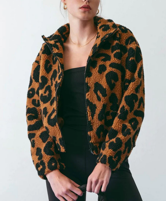 Leopard Fleece Zip Up Jacket