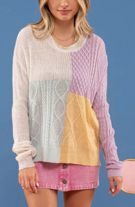 Square Color Block Pullover Sweater - Lilac Combo