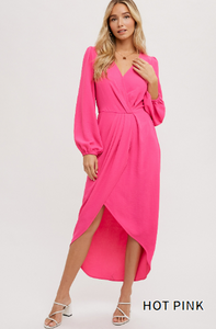 Long Sleeve Wrap Tulip Midi Dress in Hot Pink