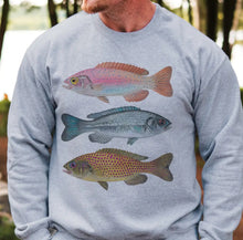 Load image into Gallery viewer, Vibrant Fishing Trio Crewneck Sweater in Ash Gray - Unisex
