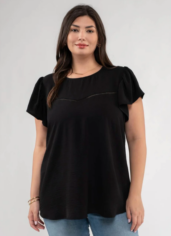 Black Ruffle Sleeve Top with Ladder Detail - Plus