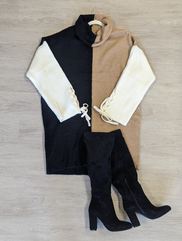 Black, Ivory, + Camel Colorblock Braided Sleeve Knit Sweater Dress