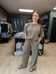 Lightweight Wide Leg Pant + Loose Fit Top in Olive Sage