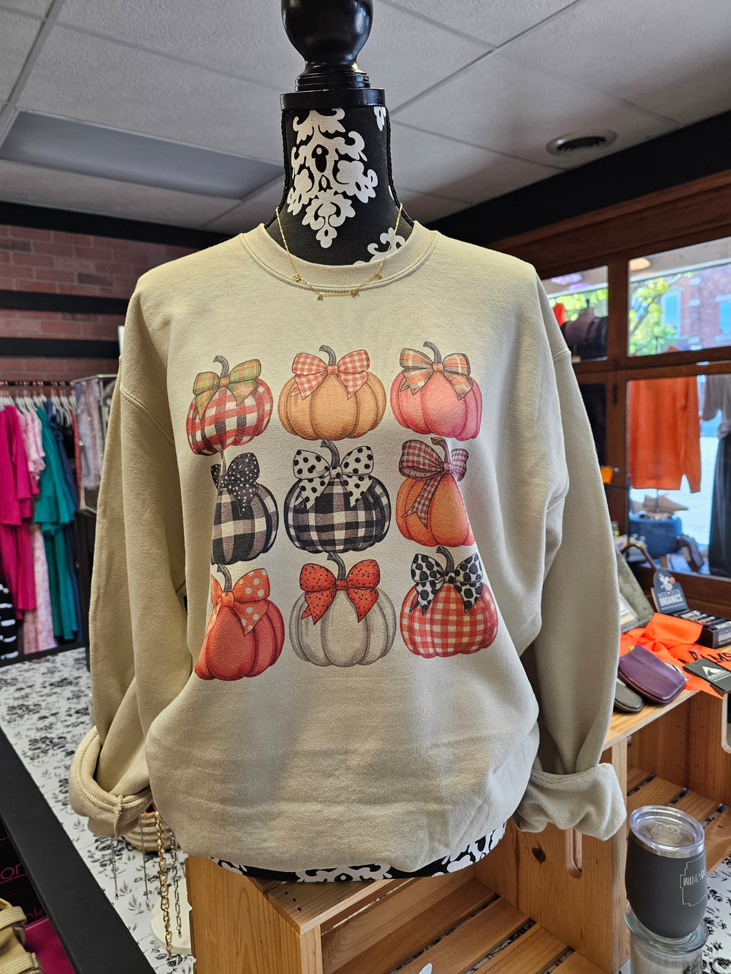 Vintage Pumpkin + Bow Fall Crewneck Sweater in Sand - Unisex