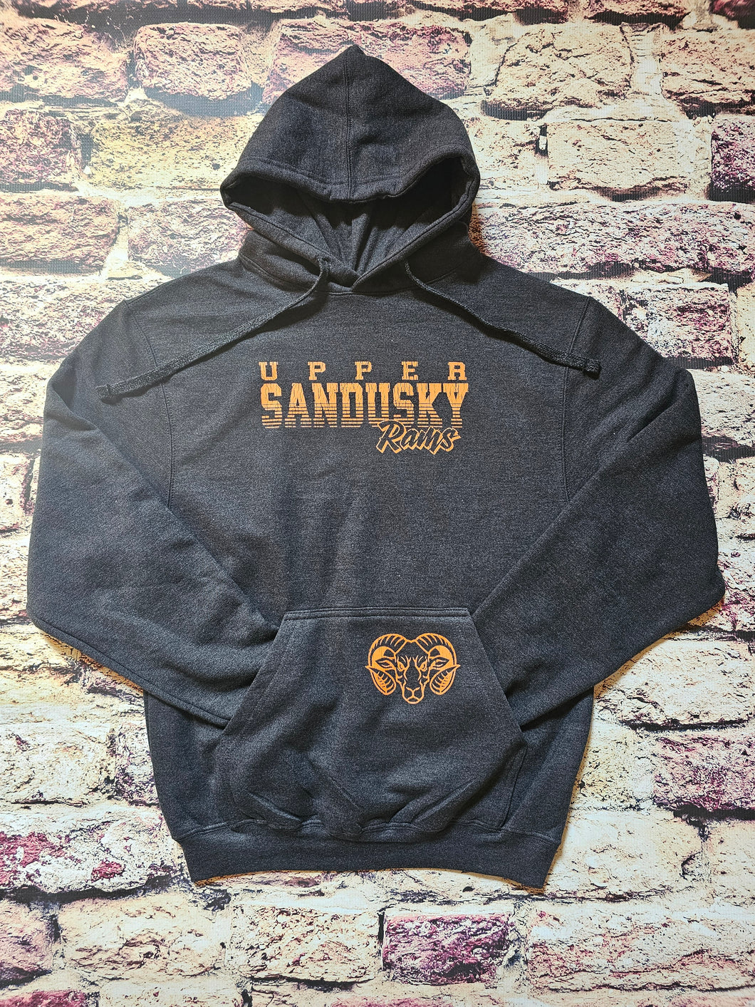 Distressed Upper Sandusky Rams Hoodie in Heathered Charcoal