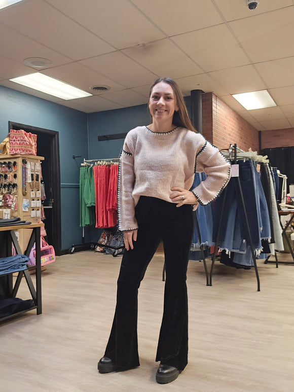 KanCan High Rise Ribbed Velvet Flare Pant - Black