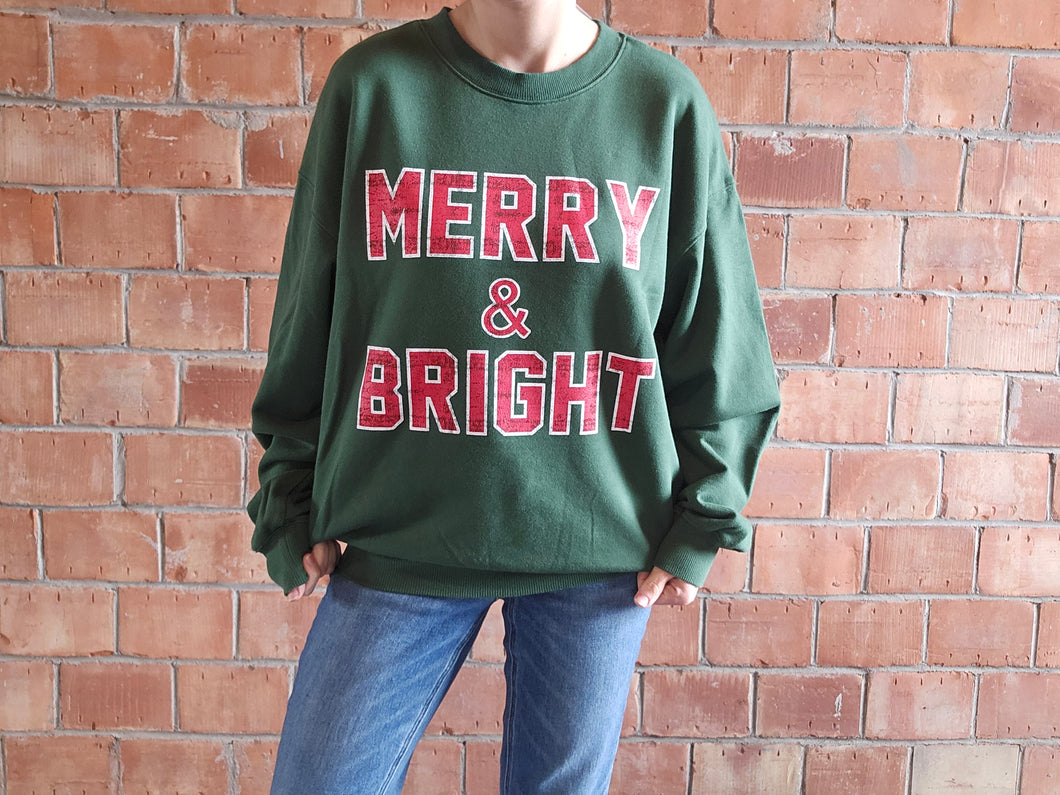 Merry + Bright Christmas Crewneck Sweater in Green