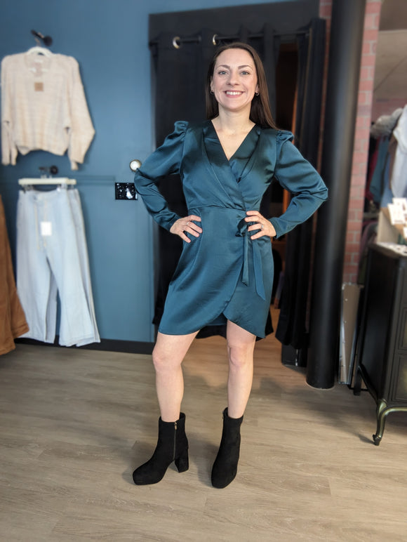 Satin Faux Wrap Mini Dress - Teal