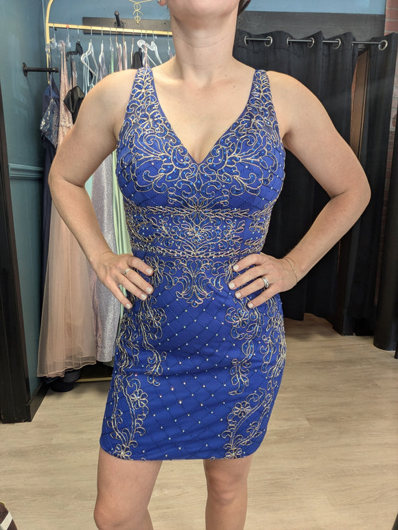 Royal + Gold Embroidered Cocktail Dress - Homecoming