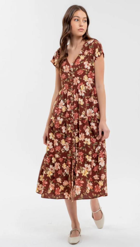 Burgundy Floral Button Front Midi Dress