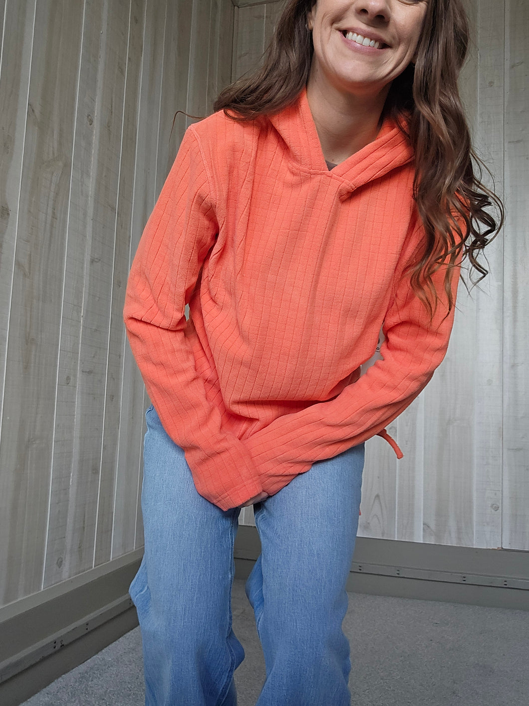 Classic Ribbed Terry Hoodie in Hot Coral