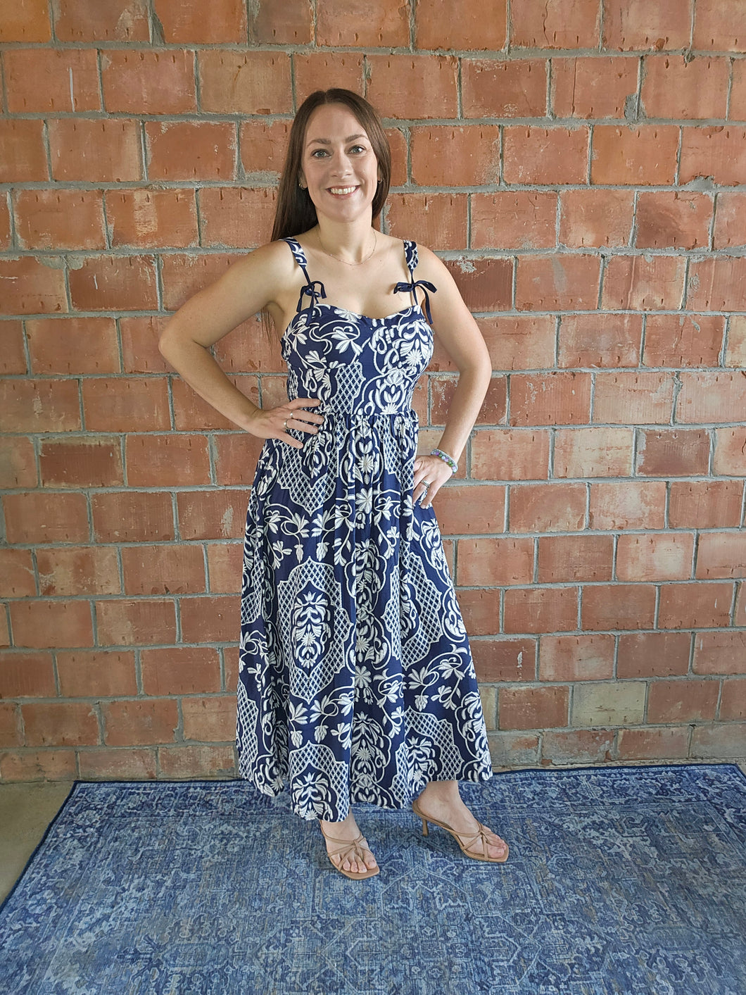 Navy + Cream Demask Midi Dress with Adjustable Bow Straps