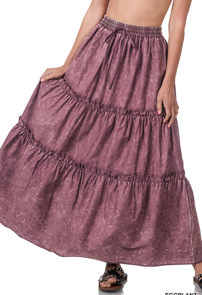 Mineral Washed Tiered Maxi Skirt in Eggplant - Plus + Regular