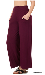 Lightweight Burgundy Wide Leg Pant with Rouched waistband