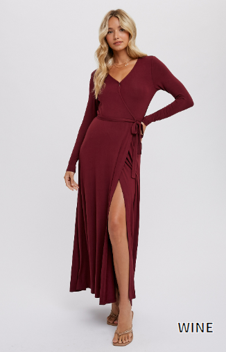 Long Sleeve Knit Wrap Maxi Dress in Wine