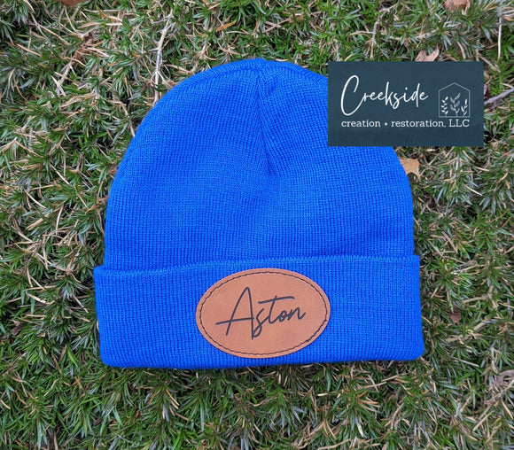 Youth Engraved Leather Patch Beanie