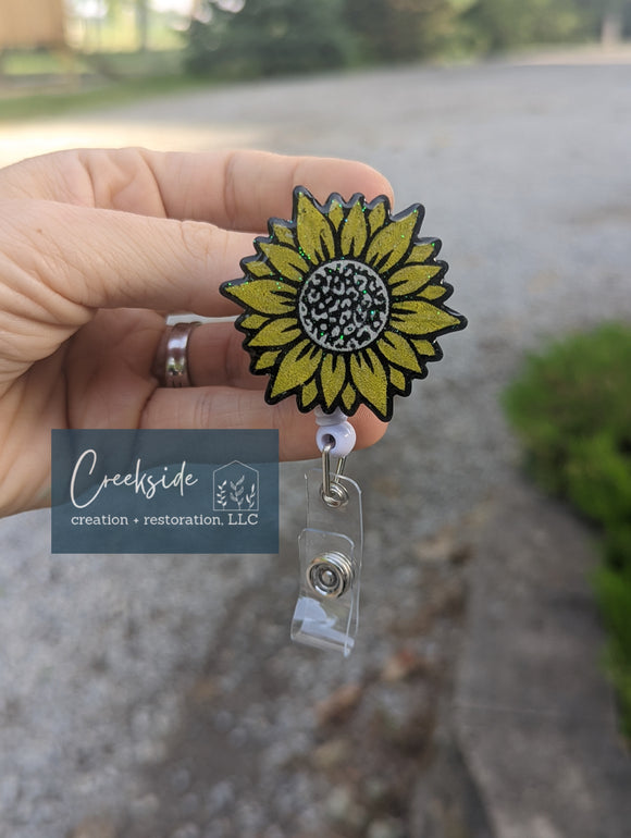 Sunflower + Leopard Badge Reel with alligator clip