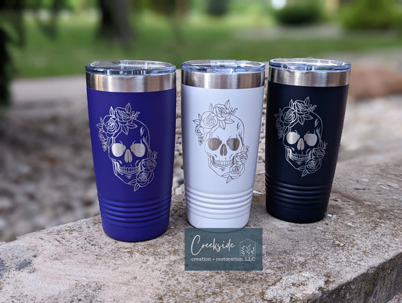 20 oz Engaved floral skull tumbler